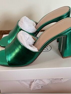 Metallic Green Block Heel Mule - Women's Open Toe Slide